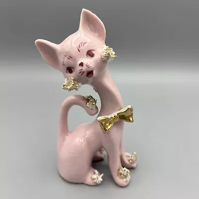 5  Pink Ceramic Cat Mid Century Statue Figure Vintage MCM Gold Spagetti  Trim • $29.99