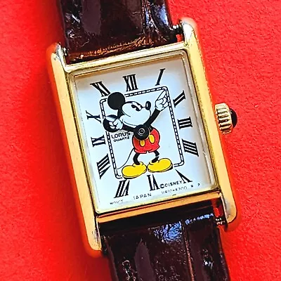 Lorus Mickey Mouse Watch Rare Tank Style Case New Brown Leather Band V810-6470 • £124.39