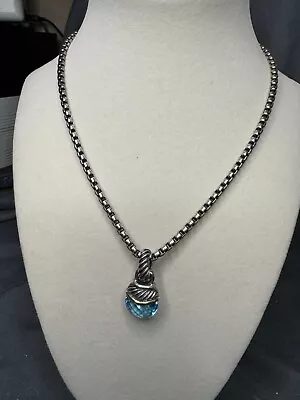 David Yurman Diamond & BLUE TOPAZ Acorn Pendant Necklace 925 Silver 18K Gold • $729