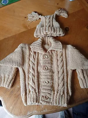 Bn Hand Knitted Baby Boys  Beige Baby Aran Cardigan With Collar & Hat • £15.99