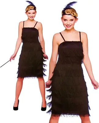 Adult Charleston 20s Black Jazzy Flapper Fringe Fringed Fancy Dress Costume • £17.99