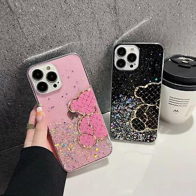 For IPhone Samsung Luxury Bear Flash Glitter Silver Foil Phone Case Cover Women • £2.39