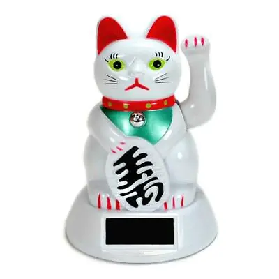 SOLAR POWER BECKONING CAT White Lucky Waving Kitty Maneki Neko Wealth Fortune • $10.95