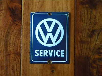 VINTAGE VW SERVICE PORCELAIN SIGN ~4-3/4  X 3-1/2  BEETLE OIL BULLI GAS GOLF GTI • $55