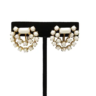 Vintage Earrings Milk Glass Prong Set Screw Back Gold Tone Double Row Beads • $11.99