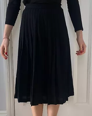 Vintage Jaeger  70s/80s Black Wool Mix Pleat Aline Knee Length Skirt. UK12-14 • £14.99