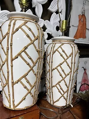 Mid Century Modern White Ceramic Chinoiserie Bamboo Lamp MCM Hollywood Set Of 2 • $450