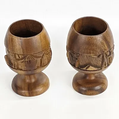 Vtg Pair Of 4  Handcrafted Hand Carved Wood Tiki Goblets Cup Drinking Shot Glass • $25.61