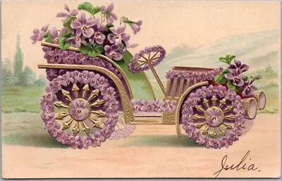 Vintage 1910s Automobile Embossed Greetings Postcard Car With Violet Flowers • $5.25