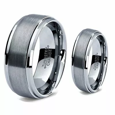 Personalized Matching Tungsten Carbide Brushed StepEdge Center Wedding Band Ring • $53.66