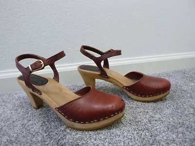 Vtg Krone Denmark Burgundy Brown Ankle Strappy Slingback Wood Staple Heels 6 • $24.99