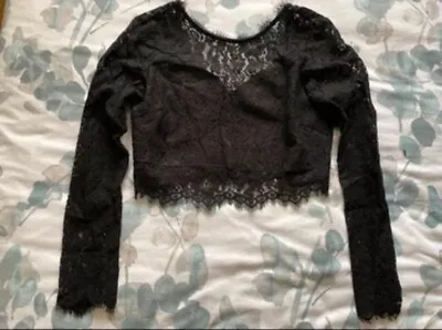 Boohoo Womens Black Lace Zip Up Crop Top Medium M • £5