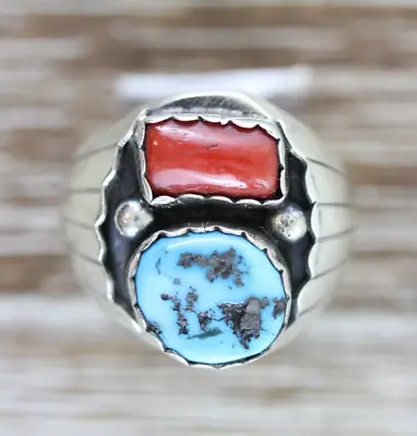 Vintage Men's Indian Native Am Sterling Silver 925 Turquoise Coral Ring 9.75 • $108.80