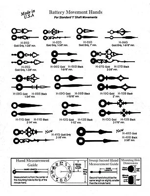 Clock Hands For Standard 'I' Shaft Battery Movements - Choose A Style! • $1.95