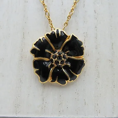 J Crew Necklace 1  Black Enamel Rhinestone Flower Pendant 25  Gold Tone Chain • $17.99