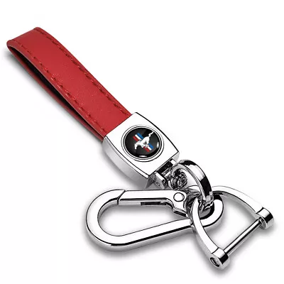 Ford Mustang Tri-Bar Logo In Black Red Leather Loop-Strap Chrome Hook Key Chain • $25.99