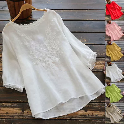 £11.49 • Buy Women Cotton Linen 3/4 Sleeve Tops Ladies Boho Lace Loose T-Shirt Blouse Size 18