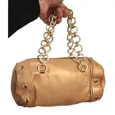 St. John Gold Leather Zip Barrel Handbag W/Chain Handles Gold Gromet Accents EUC • $79.97