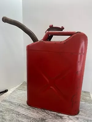 Vintage 1980's Red Metal JERRY 5 GALLON GAS Can  Chain Hung Cap Military • $69.99