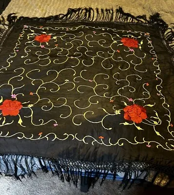 Black Fringed Silk Embroidered Floral Piano/Flamenco Shawl  MANTON DE MANILLA  • $390