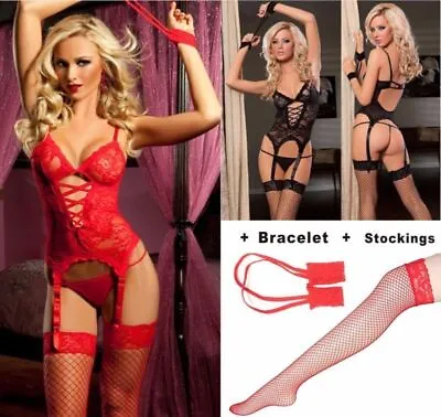 Womens Sexy Lace Bodys Lingerie Crotchless Babydoll Bodysuit Nightwear Underwear • £6.98