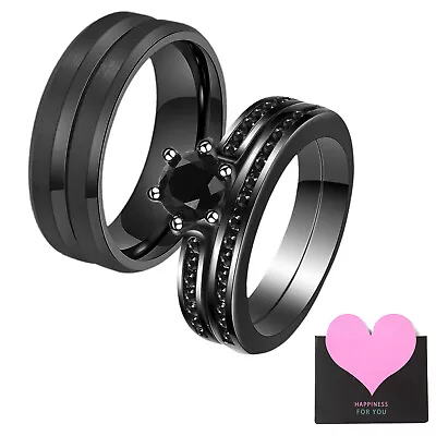 2Pcs Womens Black CZ Promise Rings Men Stainless Steel Wedding Band Couples Gift • $13.01