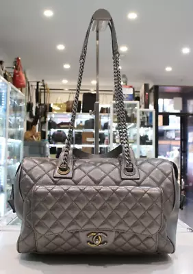 Chanel Quilted Metallic Silver Bowling Bag *Verified Authentic* • $3999