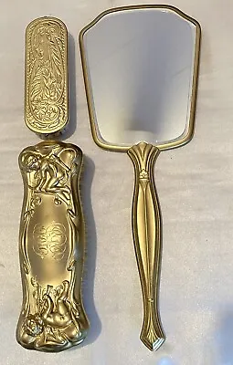 3 Piece Gold Finish Vanity Set - Handheld Mirror SM Brush LG Cherub Brush • $9.99