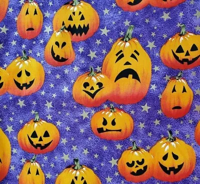 Halloween Jack O Lantern Pumpkins On Purple & Gold Stars Cotton Pickins Fabric  • $4.99