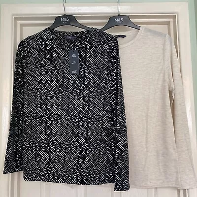 £11.50 • Buy M&S Ladies 2 Pack Polka Dot Plain Long Sleeve T-Shirt Size 10 Relaxed Brand NEW