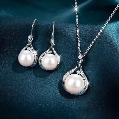 925 Silver Cubic Zirconia Pearl Drop Necklace Hook Earrings Womens Jewellery Set • $4.52