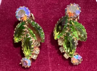 Vtg Austrian Crystal Green AB Goldtone Clip Earrings  • $34.99