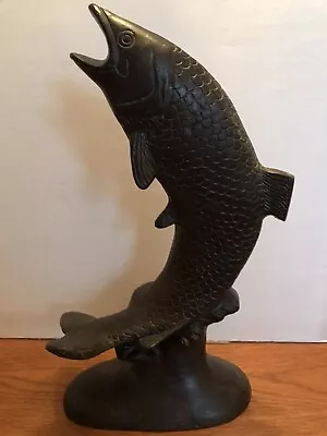 Vintage 16.5  Metal Salmon Trout Leaping Jumping Fish Sculpture MCM Made India • $40