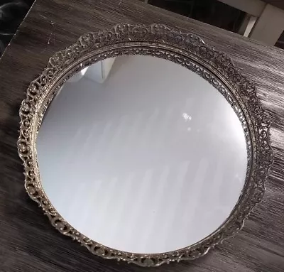 Vintage Round 10  3 Legged Gold Filigree Dresser Vanity Tray Mirror  • $25