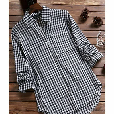 Plus Size Women Long Sleeve Check Plaid Loose Casual Christmas Shirt Tops Blouse • £12.77