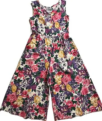 Vtg Common Sense Jumpsuit Cottagecore Floral Pockets Tank Wide Leg Crop Pink XS • $29.85