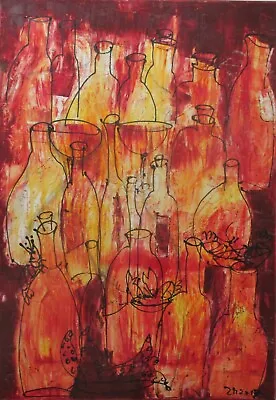 Red Bottles Xl Oil Picture Canvas Painting Sonja Tent Miller Kitchen Restaurant • $340.98