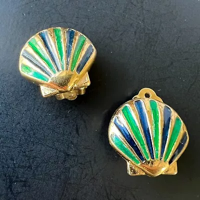 Signed DAVID HILL Vintage Green Blue Stripe Enamel Shell Gold Clip Earrings A860 • $0.99