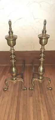 Vintage Solid Brass Finial Fireplace Andirons 20 5/8 Inches Tall 17 1/2 Deep • $29.95