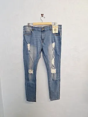 Ze ENZO Jeans Super Stretch Skinny Blue Denim Size 38 Regular Distressed Ripped • £12.99