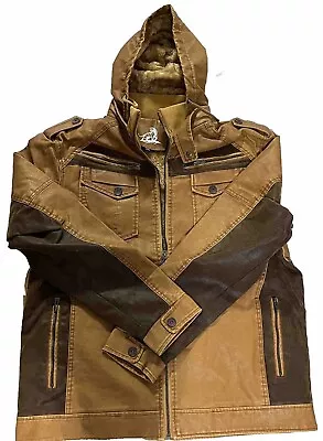 Mens Leather Jacket Tan Leather Motorcycle Jacket ~Hooded Size XXL • $79