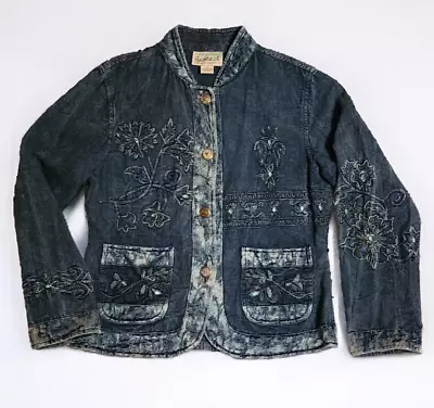 Vintage Flashback Embroidered Sequin Beads Denim Jean Jacket Bold Retro Medium • $30