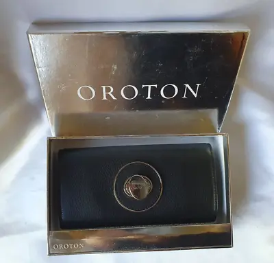 Oroton Trifold Leather Wallet-Clutch Signature O Silver Oval Turn Lock Closure • $60