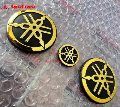 3PC Bikes R1 R3 R6 R7 XJR YZF TANK EMBLEM BADGE OEM DECAL STICKER 25 50MM GOLD • $11.19