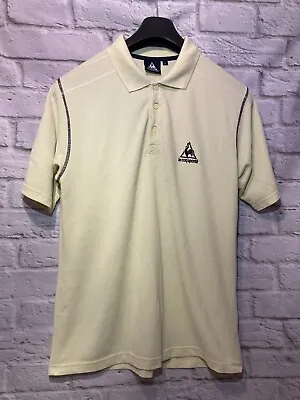 Men’s Large Le Coq Sportif Polo Shirt Cream Button Up Sportswear Blue Logo • £7