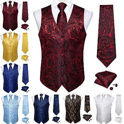 Mens Gold Black Paisley Waistcoat Silk Wedding Suit Vest Hanky Cufflinks Tie Set • $18.98