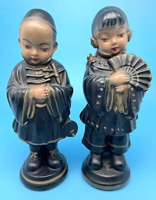 Chalkware Figurines Asian Couple In Black Traditional Clothing Mid-Century 8” • $26.40