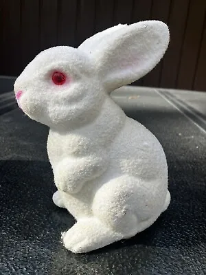 Vintage Flocked White  Bunny Rabbit Coin Bank Easter W/ Stopper Albino Red Eyes • $13