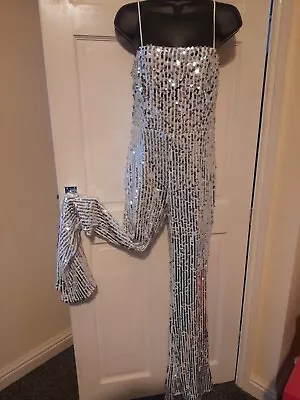 £38 • Buy Ladies  Boohoo White Silver  Wide  Leg  Sequin Catsuit  Sz 10  Pre - Loved 