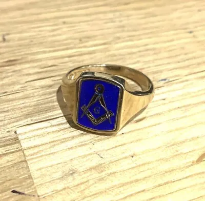 Masonic Heavy Hallmarked 9ct Gold & Blue Enameled Secret Swivel Ring. Size V. • £220
